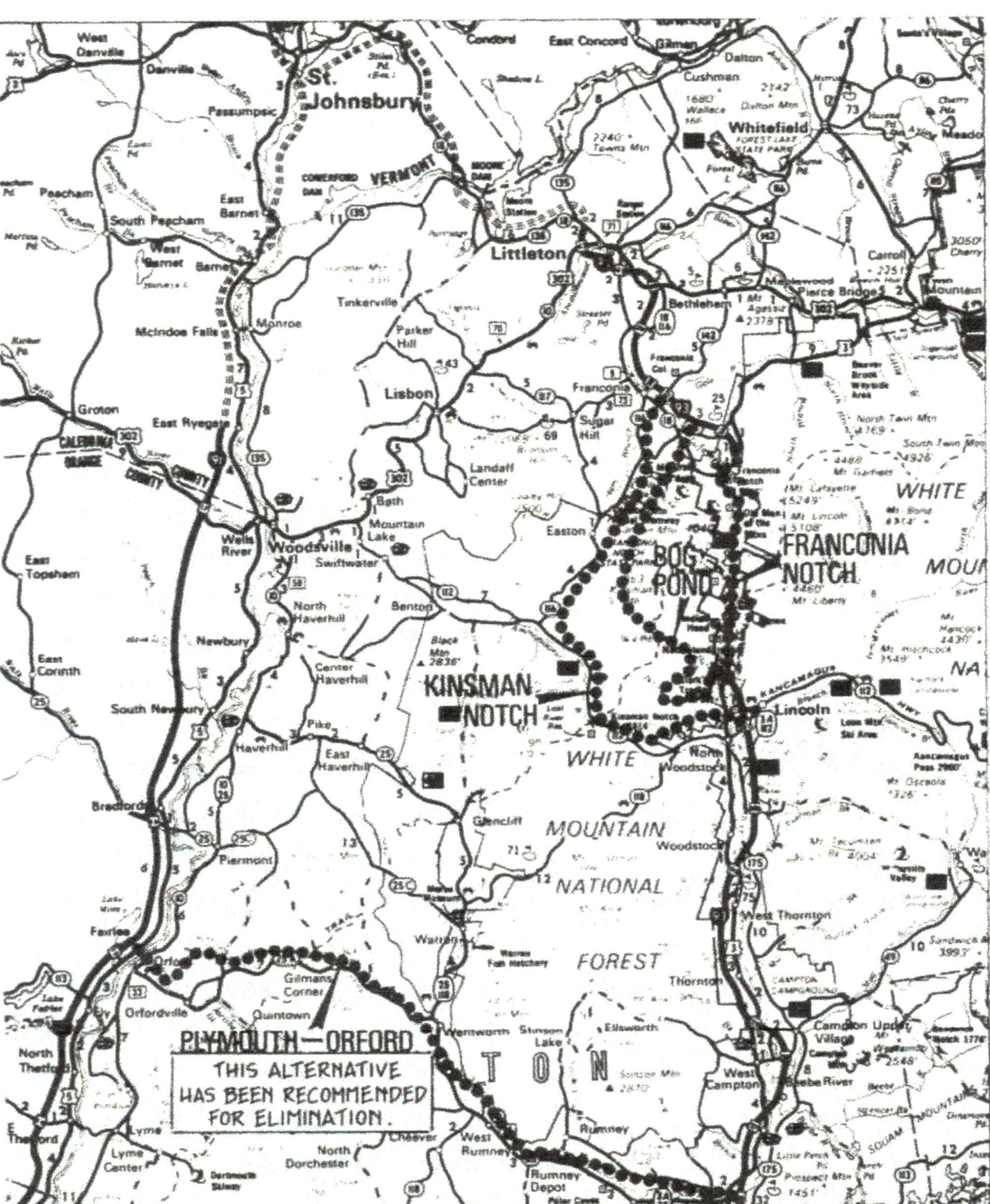 Map of the potential Interstate 93 routes around Franconia Notch and the Easton valley