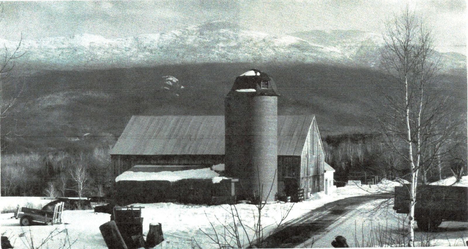 The north and south peaks of Mt. Kinsman behind Durand Cooley's barn