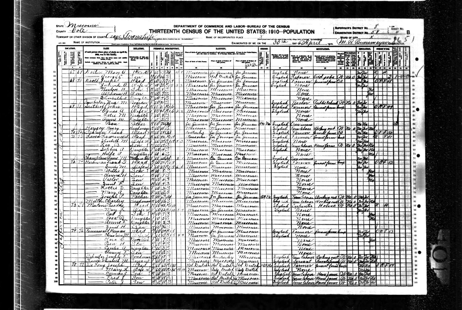 1910 US Census page for Osage Township, Cole County, Missouri, listing the Suthoff household