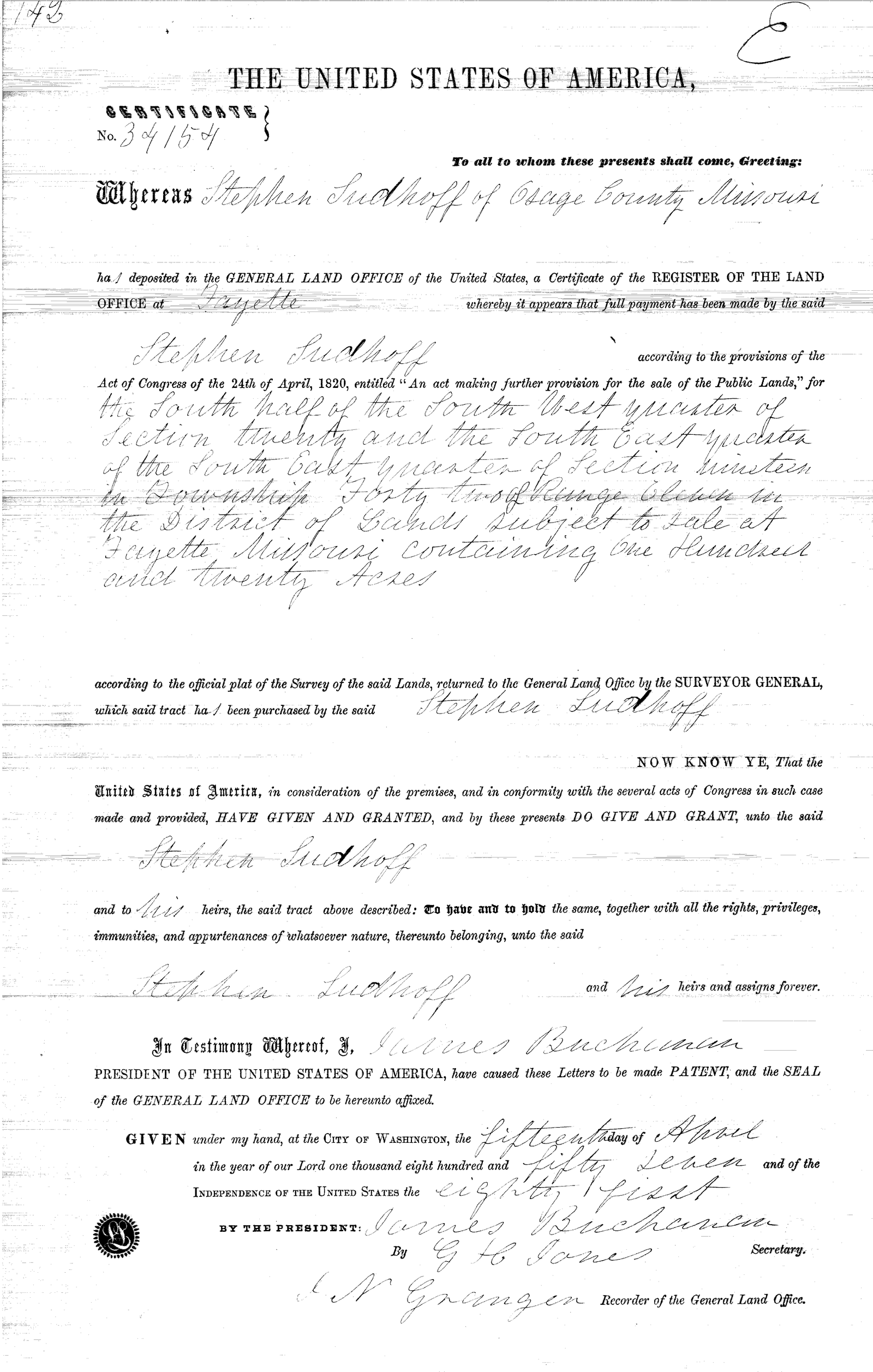US land patent granting 120 acres in Osage County, Missouri, to Stephen Sudhoff in 1857